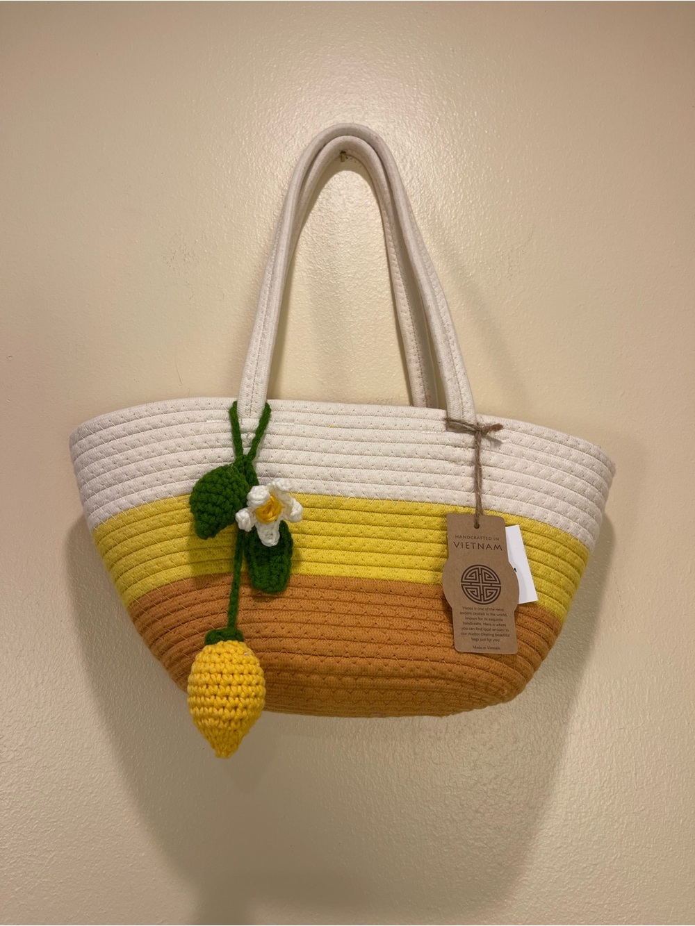 Striped Cotton Rope Tote Bag Crochet Lemon Flower Coastal Resort Beach NWT